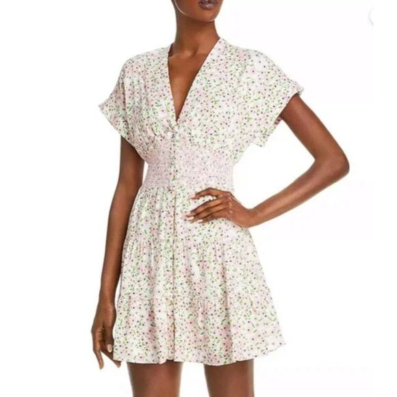 Alice + Olivia Keela Smocked‎ Dress Floral White Pink Mini Size 8 Coquette Fairy - Picture 1 of 11